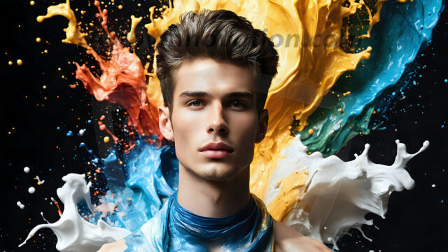 AI-generated abstract art images, featuring sexy, handsome, shirtless men, boys, lads, controlling colorful liquid water. A full-body photograph of a handsome young man with a strong muscular physique, and beautiful eyes. He starts to create a powerful and dynamic swirling vortex of rainbow colored liquid water. The vibrant and colorful water erupts and cascades forward. The fluid is dynamic, multiplying rapidly, and begins to dance in the air. The man, with a playful smile, interacts with the swirling fluids, his hands reaching out to manipulate the circular motion. The scene has a surreal, otherworldly feel, with a dreamlike atmosphere created by volumetric lighting, dramatic shadows, and an impossible color palette.
