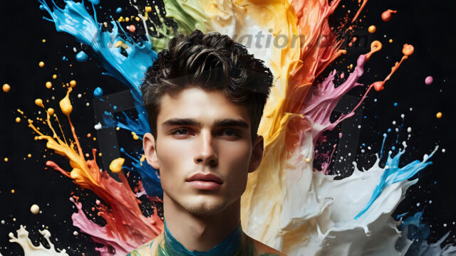 AI-generated abstract art images, featuring sexy, handsome, shirtless men, boys, lads, controlling colorful liquid water. A full-body photograph of a handsome young man with a strong muscular physique, and beautiful eyes. He starts to create a powerful and dynamic swirling vortex of rainbow colored liquid water. The vibrant and colorful water erupts and cascades forward. The fluid is dynamic, multiplying rapidly, and begins to dance in the air. The man, with a playful smile, interacts with the swirling fluids, his hands reaching out to manipulate the circular motion. The scene has a surreal, otherworldly feel, with a dreamlike atmosphere created by volumetric lighting, dramatic shadows, and an impossible color palette.