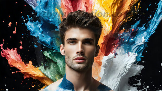 AI-generated abstract art images, featuring sexy, handsome, shirtless men, boys, lads, controlling colorful liquid water. A full-body photograph of a handsome young man with a strong muscular physique, and beautiful eyes. He starts to create a powerful and dynamic swirling vortex of rainbow colored liquid water. The vibrant and colorful water erupts and cascades forward. The fluid is dynamic, multiplying rapidly, and begins to dance in the air. The man, with a playful smile, interacts with the swirling fluids, his hands reaching out to manipulate the circular motion. The scene has a surreal, otherworldly feel, with a dreamlike atmosphere created by volumetric lighting, dramatic shadows, and an impossible color palette.