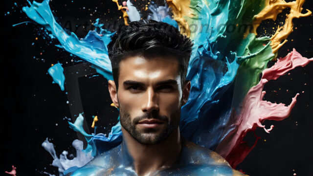 AI-generated abstract art images, featuring sexy, handsome, shirtless men, boys, lads, controlling colorful liquid water. A full-body photograph of a handsome young man with a strong muscular physique, and beautiful eyes. He starts to create a powerful and dynamic swirling vortex of rainbow colored liquid water. The vibrant and colorful water erupts and cascades forward. The fluid is dynamic, multiplying rapidly, and begins to dance in the air. The man, with a playful smile, interacts with the swirling fluids, his hands reaching out to manipulate the circular motion. The scene has a surreal, otherworldly feel, with a dreamlike atmosphere created by volumetric lighting, dramatic shadows, and an impossible color palette.