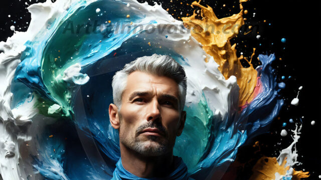 AI-generated abstract art images, featuring sexy, handsome, shirtless men, boys, lads, controlling colorful liquid water. A full-body photograph of a handsome young man with a strong muscular physique, and beautiful eyes. He starts to create a powerful and dynamic swirling vortex of rainbow colored liquid water. The vibrant and colorful water erupts and cascades forward. The fluid is dynamic, multiplying rapidly, and begins to dance in the air. The man, with a playful smile, interacts with the swirling fluids, his hands reaching out to manipulate the circular motion. The scene has a surreal, otherworldly feel, with a dreamlike atmosphere created by volumetric lighting, dramatic shadows, and an impossible color palette.