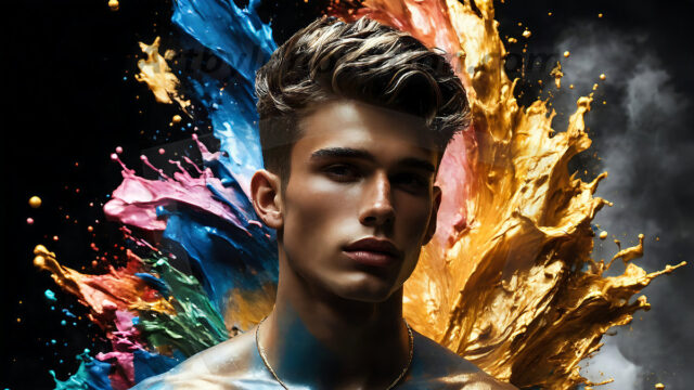 AI-generated abstract art images, featuring sexy, handsome, shirtless men, boys, lads, controlling colorful liquid water. A full-body photograph of a handsome young man with a strong muscular physique, and beautiful eyes. He starts to create a powerful and dynamic swirling vortex of rainbow colored liquid water. The vibrant and colorful water erupts and cascades forward. The fluid is dynamic, multiplying rapidly, and begins to dance in the air. The man, with a playful smile, interacts with the swirling fluids, his hands reaching out to manipulate the circular motion. The scene has a surreal, otherworldly feel, with a dreamlike atmosphere created by volumetric lighting, dramatic shadows, and an impossible color palette.