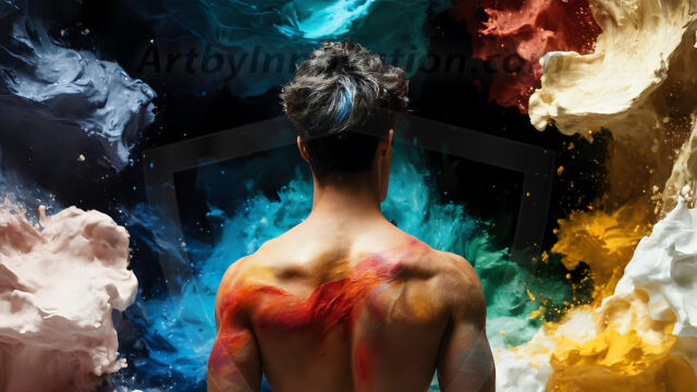 AI-generated abstract art images, featuring sexy, handsome, shirtless men, boys, lads, controlling colorful liquid water. A full-body photograph of a handsome young man with a strong muscular physique, and beautiful eyes. He starts to create a powerful and dynamic swirling vortex of rainbow colored liquid water. The vibrant and colorful water erupts and cascades forward. The fluid is dynamic, multiplying rapidly, and begins to dance in the air. The man, with a playful smile, interacts with the swirling fluids, his hands reaching out to manipulate the circular motion. The scene has a surreal, otherworldly feel, with a dreamlike atmosphere created by volumetric lighting, dramatic shadows, and an impossible color palette.