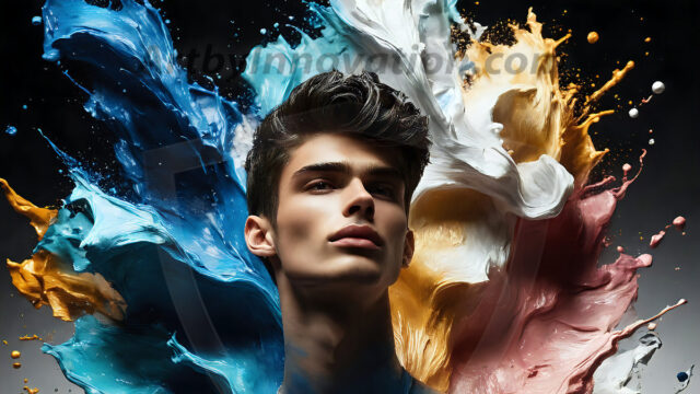 AI-generated abstract art images, featuring sexy, handsome, shirtless men, boys, lads, controlling colorful liquid water. A full-body photograph of a handsome young man with a strong muscular physique, and beautiful eyes. He starts to create a powerful and dynamic swirling vortex of rainbow colored liquid water. The vibrant and colorful water erupts and cascades forward. The fluid is dynamic, multiplying rapidly, and begins to dance in the air. The man, with a playful smile, interacts with the swirling fluids, his hands reaching out to manipulate the circular motion. The scene has a surreal, otherworldly feel, with a dreamlike atmosphere created by volumetric lighting, dramatic shadows, and an impossible color palette.