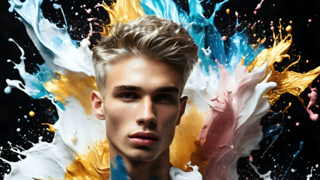 AI-generated abstract art images, featuring sexy, handsome, shirtless men, boys, lads, controlling colorful liquid water. A full-body photograph of a handsome young man with a strong muscular physique, and beautiful eyes. He starts to create a powerful and dynamic swirling vortex of rainbow colored liquid water. The vibrant and colorful water erupts and cascades forward. The fluid is dynamic, multiplying rapidly, and begins to dance in the air. The man, with a playful smile, interacts with the swirling fluids, his hands reaching out to manipulate the circular motion. The scene has a surreal, otherworldly feel, with a dreamlike atmosphere created by volumetric lighting, dramatic shadows, and an impossible color palette.