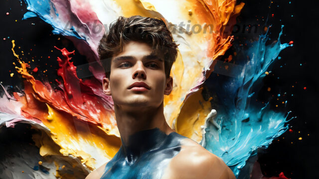 AI-generated abstract art images, featuring sexy, handsome, shirtless men, boys, lads, controlling colorful liquid water. A full-body photograph of a handsome young man with a strong muscular physique, and beautiful eyes. He starts to create a powerful and dynamic swirling vortex of rainbow colored liquid water. The vibrant and colorful water erupts and cascades forward. The fluid is dynamic, multiplying rapidly, and begins to dance in the air. The man, with a playful smile, interacts with the swirling fluids, his hands reaching out to manipulate the circular motion. The scene has a surreal, otherworldly feel, with a dreamlike atmosphere created by volumetric lighting, dramatic shadows, and an impossible color palette.