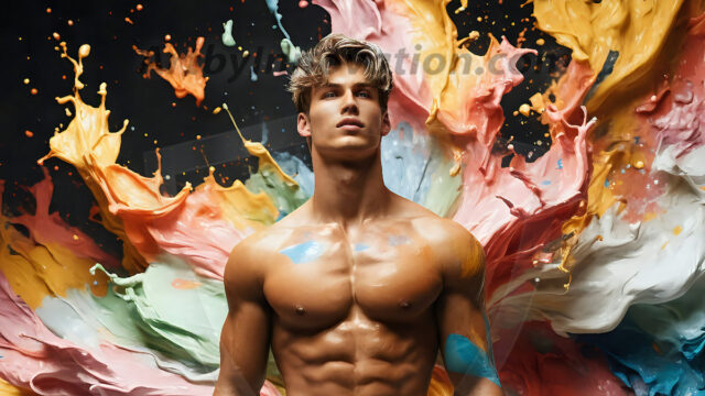AI-generated abstract art images, featuring sexy, handsome, shirtless men, boys, lads, controlling colorful liquid water. A full-body photograph of a handsome young man with a strong muscular physique, and beautiful eyes. He starts to create a powerful and dynamic swirling vortex of rainbow colored liquid water. The vibrant and colorful water erupts and cascades forward. The fluid is dynamic, multiplying rapidly, and begins to dance in the air. The man, with a playful smile, interacts with the swirling fluids, his hands reaching out to manipulate the circular motion. The scene has a surreal, otherworldly feel, with a dreamlike atmosphere created by volumetric lighting, dramatic shadows, and an impossible color palette.