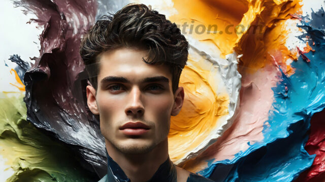 AI-generated abstract art images, featuring sexy, handsome, shirtless men, boys, lads, controlling colorful liquid water. A full-body photograph of a handsome young man with a strong muscular physique, and beautiful eyes. He starts to create a powerful and dynamic swirling vortex of rainbow colored liquid water. The vibrant and colorful water erupts and cascades forward. The fluid is dynamic, multiplying rapidly, and begins to dance in the air. The man, with a playful smile, interacts with the swirling fluids, his hands reaching out to manipulate the circular motion. The scene has a surreal, otherworldly feel, with a dreamlike atmosphere created by volumetric lighting, dramatic shadows, and an impossible color palette.