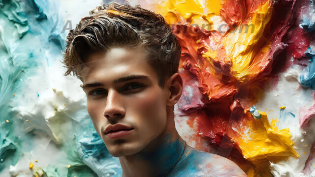 AI-generated abstract art images, featuring sexy, handsome, shirtless men, boys, lads, controlling colorful liquid water. A full-body photograph of a handsome young man with a strong muscular physique, and beautiful eyes. He starts to create a powerful and dynamic swirling vortex of rainbow colored liquid water. The vibrant and colorful water erupts and cascades forward. The fluid is dynamic, multiplying rapidly, and begins to dance in the air. The man, with a playful smile, interacts with the swirling fluids, his hands reaching out to manipulate the circular motion. The scene has a surreal, otherworldly feel, with a dreamlike atmosphere created by volumetric lighting, dramatic shadows, and an impossible color palette.