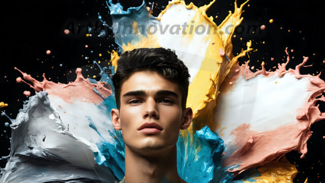 AI-generated abstract art images, featuring sexy, handsome, shirtless men, boys, lads, controlling colorful liquid water. A full-body photograph of a handsome young man with a strong muscular physique, and beautiful eyes. He starts to create a powerful and dynamic swirling vortex of rainbow colored liquid water. The vibrant and colorful water erupts and cascades forward. The fluid is dynamic, multiplying rapidly, and begins to dance in the air. The man, with a playful smile, interacts with the swirling fluids, his hands reaching out to manipulate the circular motion. The scene has a surreal, otherworldly feel, with a dreamlike atmosphere created by volumetric lighting, dramatic shadows, and an impossible color palette.