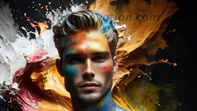 AI-generated abstract art images, featuring sexy, handsome, shirtless men, boys, lads, controlling colorful liquid water. A full-body photograph of a handsome young man with a strong muscular physique, and beautiful eyes. He starts to create a powerful and dynamic swirling vortex of rainbow colored liquid water. The vibrant and colorful water erupts and cascades forward. The fluid is dynamic, multiplying rapidly, and begins to dance in the air. The man, with a playful smile, interacts with the swirling fluids, his hands reaching out to manipulate the circular motion. The scene has a surreal, otherworldly feel, with a dreamlike atmosphere created by volumetric lighting, dramatic shadows, and an impossible color palette.