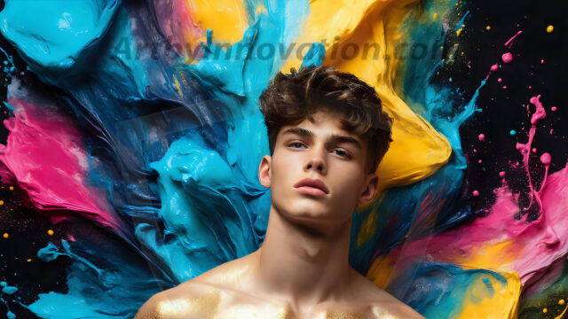 AI-generated abstract art images, featuring sexy, handsome, shirtless men, boys, lads, controlling colorful liquid water. A full-body photograph of a handsome young man with a strong muscular physique, and beautiful eyes. He starts to create a powerful and dynamic swirling vortex of rainbow colored liquid water. The vibrant and colorful water erupts and cascades forward. The fluid is dynamic, multiplying rapidly, and begins to dance in the air. The man, with a playful smile, interacts with the swirling fluids, his hands reaching out to manipulate the circular motion. The scene has a surreal, otherworldly feel, with a dreamlike atmosphere created by volumetric lighting, dramatic shadows, and an impossible color palette.