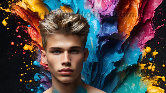 AI-generated abstract art images, featuring sexy, handsome, shirtless men, boys, lads, controlling colorful liquid water. A full-body photograph of a handsome young man with a strong muscular physique, and beautiful eyes. He starts to create a powerful and dynamic swirling vortex of rainbow colored liquid water. The vibrant and colorful water erupts and cascades forward. The fluid is dynamic, multiplying rapidly, and begins to dance in the air. The man, with a playful smile, interacts with the swirling fluids, his hands reaching out to manipulate the circular motion. The scene has a surreal, otherworldly feel, with a dreamlike atmosphere created by volumetric lighting, dramatic shadows, and an impossible color palette.