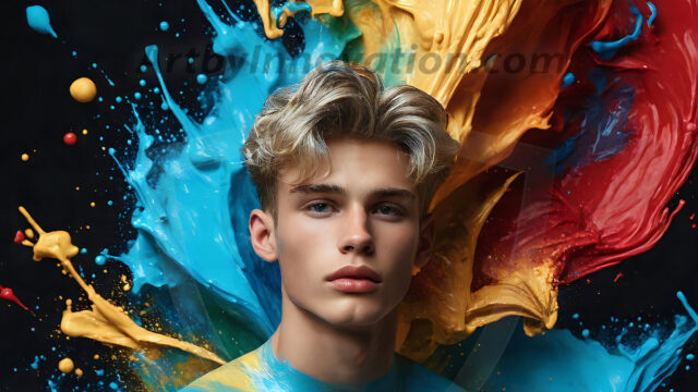 AI-generated abstract art images, featuring sexy, handsome, shirtless men, boys, lads, controlling colorful liquid water. A full-body photograph of a handsome young man with a strong muscular physique, and beautiful eyes. He starts to create a powerful and dynamic swirling vortex of rainbow colored liquid water. The vibrant and colorful water erupts and cascades forward. The fluid is dynamic, multiplying rapidly, and begins to dance in the air. The man, with a playful smile, interacts with the swirling fluids, his hands reaching out to manipulate the circular motion. The scene has a surreal, otherworldly feel, with a dreamlike atmosphere created by volumetric lighting, dramatic shadows, and an impossible color palette.