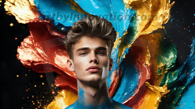 AI-generated abstract art images, featuring sexy, handsome, shirtless men, boys, lads, controlling colorful liquid water. A full-body photograph of a handsome young man with a strong muscular physique, and beautiful eyes. He starts to create a powerful and dynamic swirling vortex of rainbow colored liquid water. The vibrant and colorful water erupts and cascades forward. The fluid is dynamic, multiplying rapidly, and begins to dance in the air. The man, with a playful smile, interacts with the swirling fluids, his hands reaching out to manipulate the circular motion. The scene has a surreal, otherworldly feel, with a dreamlike atmosphere created by volumetric lighting, dramatic shadows, and an impossible color palette.