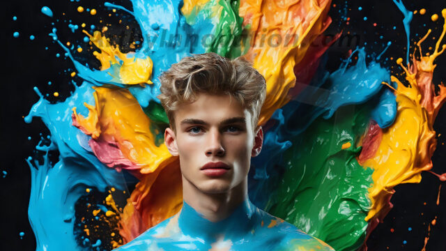 AI-generated abstract art images, featuring sexy, handsome, shirtless men, boys, lads, controlling colorful liquid water. A full-body photograph of a handsome young man with a strong muscular physique, and beautiful eyes. He starts to create a powerful and dynamic swirling vortex of rainbow colored liquid water. The vibrant and colorful water erupts and cascades forward. The fluid is dynamic, multiplying rapidly, and begins to dance in the air. The man, with a playful smile, interacts with the swirling fluids, his hands reaching out to manipulate the circular motion. The scene has a surreal, otherworldly feel, with a dreamlike atmosphere created by volumetric lighting, dramatic shadows, and an impossible color palette.