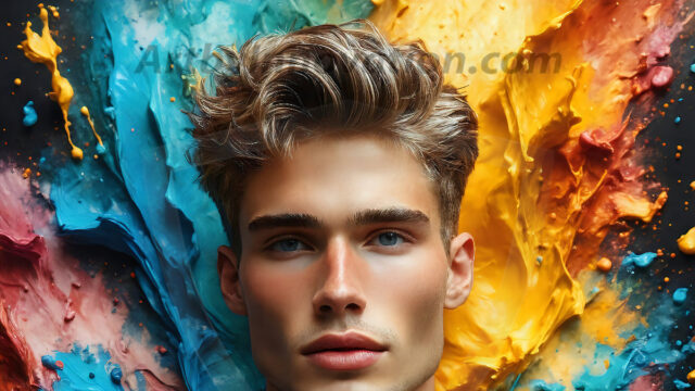 AI-generated abstract art images, featuring sexy, handsome, shirtless men, boys, lads, controlling colorful liquid water. A full-body photograph of a handsome young man with a strong muscular physique, and beautiful eyes. He starts to create a powerful and dynamic swirling vortex of rainbow colored liquid water. The vibrant and colorful water erupts and cascades forward. The fluid is dynamic, multiplying rapidly, and begins to dance in the air. The man, with a playful smile, interacts with the swirling fluids, his hands reaching out to manipulate the circular motion. The scene has a surreal, otherworldly feel, with a dreamlike atmosphere created by volumetric lighting, dramatic shadows, and an impossible color palette.