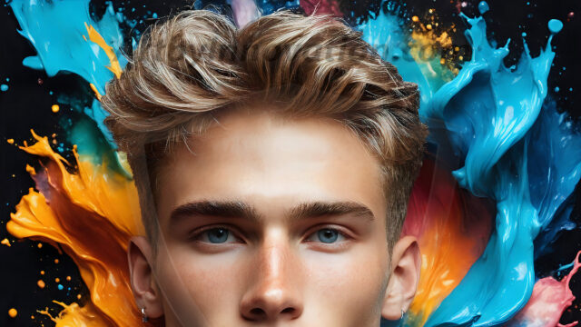 AI-generated abstract art images, featuring sexy, handsome, shirtless men, boys, lads, controlling colorful liquid water. A full-body photograph of a handsome young man with a strong muscular physique, and beautiful eyes. He starts to create a powerful and dynamic swirling vortex of rainbow colored liquid water. The vibrant and colorful water erupts and cascades forward. The fluid is dynamic, multiplying rapidly, and begins to dance in the air. The man, with a playful smile, interacts with the swirling fluids, his hands reaching out to manipulate the circular motion. The scene has a surreal, otherworldly feel, with a dreamlike atmosphere created by volumetric lighting, dramatic shadows, and an impossible color palette.