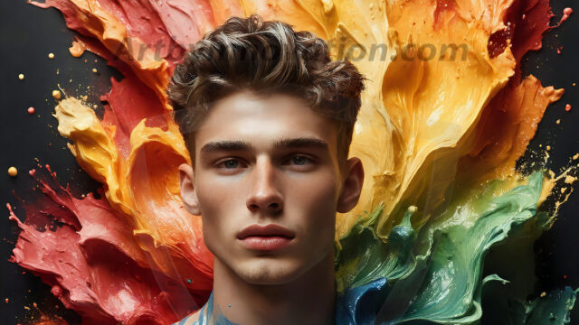 AI-generated abstract art images, featuring sexy, handsome, shirtless men, boys, lads, controlling colorful liquid water. A full-body photograph of a handsome young man with a strong muscular physique, and beautiful eyes. He starts to create a powerful and dynamic swirling vortex of rainbow colored liquid water. The vibrant and colorful water erupts and cascades forward. The fluid is dynamic, multiplying rapidly, and begins to dance in the air. The man, with a playful smile, interacts with the swirling fluids, his hands reaching out to manipulate the circular motion. The scene has a surreal, otherworldly feel, with a dreamlike atmosphere created by volumetric lighting, dramatic shadows, and an impossible color palette.