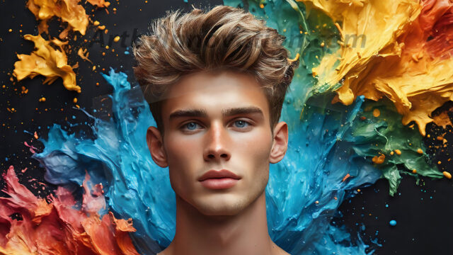AI-generated abstract art images, featuring sexy, handsome, shirtless men, boys, lads, controlling colorful liquid water. A full-body photograph of a handsome young man with a strong muscular physique, and beautiful eyes. He starts to create a powerful and dynamic swirling vortex of rainbow colored liquid water. The vibrant and colorful water erupts and cascades forward. The fluid is dynamic, multiplying rapidly, and begins to dance in the air. The man, with a playful smile, interacts with the swirling fluids, his hands reaching out to manipulate the circular motion. The scene has a surreal, otherworldly feel, with a dreamlike atmosphere created by volumetric lighting, dramatic shadows, and an impossible color palette.