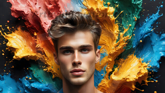 AI-generated abstract art images, featuring sexy, handsome, shirtless men, boys, lads, controlling colorful liquid water. A full-body photograph of a handsome young man with a strong muscular physique, and beautiful eyes. He starts to create a powerful and dynamic swirling vortex of rainbow colored liquid water. The vibrant and colorful water erupts and cascades forward. The fluid is dynamic, multiplying rapidly, and begins to dance in the air. The man, with a playful smile, interacts with the swirling fluids, his hands reaching out to manipulate the circular motion. The scene has a surreal, otherworldly feel, with a dreamlike atmosphere created by volumetric lighting, dramatic shadows, and an impossible color palette.