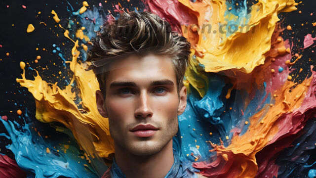 AI-generated abstract art images, featuring sexy, handsome, shirtless men, boys, lads, controlling colorful liquid water. A full-body photograph of a handsome young man with a strong muscular physique, and beautiful eyes. He starts to create a powerful and dynamic swirling vortex of rainbow colored liquid water. The vibrant and colorful water erupts and cascades forward. The fluid is dynamic, multiplying rapidly, and begins to dance in the air. The man, with a playful smile, interacts with the swirling fluids, his hands reaching out to manipulate the circular motion. The scene has a surreal, otherworldly feel, with a dreamlike atmosphere created by volumetric lighting, dramatic shadows, and an impossible color palette.