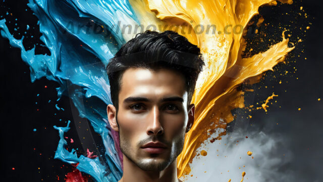 AI-generated abstract art images, featuring sexy, handsome, shirtless men, boys, lads, controlling colorful liquid water. A full-body photograph of a handsome young man with a strong muscular physique, and beautiful eyes. He starts to create a powerful and dynamic swirling vortex of rainbow colored liquid water. The vibrant and colorful water erupts and cascades forward. The fluid is dynamic, multiplying rapidly, and begins to dance in the air. The man, with a playful smile, interacts with the swirling fluids, his hands reaching out to manipulate the circular motion. The scene has a surreal, otherworldly feel, with a dreamlike atmosphere created by volumetric lighting, dramatic shadows, and an impossible color palette.