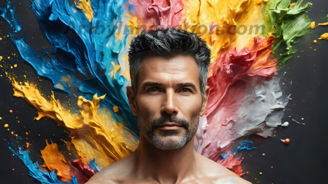 AI-generated abstract art images, featuring sexy, handsome, shirtless men, boys, lads, controlling colorful liquid water. A full-body photograph of a handsome young man with a strong muscular physique, and beautiful eyes. He starts to create a powerful and dynamic swirling vortex of rainbow colored liquid water. The vibrant and colorful water erupts and cascades forward. The fluid is dynamic, multiplying rapidly, and begins to dance in the air. The man, with a playful smile, interacts with the swirling fluids, his hands reaching out to manipulate the circular motion. The scene has a surreal, otherworldly feel, with a dreamlike atmosphere created by volumetric lighting, dramatic shadows, and an impossible color palette.