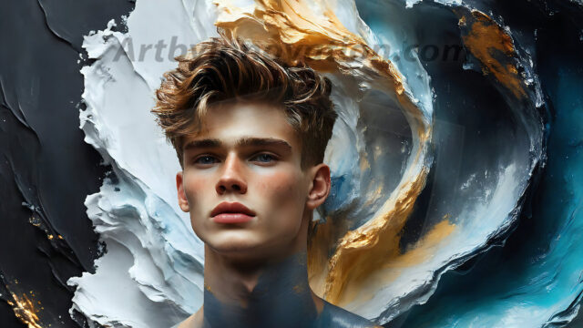 AI-generated abstract art images, featuring sexy, handsome, shirtless men, boys, lads, controlling colorful liquid water. A full-body photograph of a handsome young man with a strong muscular physique, and beautiful eyes. He starts to create a powerful and dynamic swirling vortex of rainbow colored liquid water. The vibrant and colorful water erupts and cascades forward. The fluid is dynamic, multiplying rapidly, and begins to dance in the air. The man, with a playful smile, interacts with the swirling fluids, his hands reaching out to manipulate the circular motion. The scene has a surreal, otherworldly feel, with a dreamlike atmosphere created by volumetric lighting, dramatic shadows, and an impossible color palette.