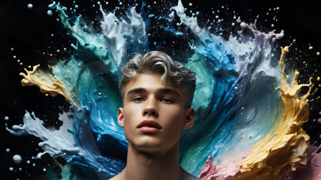 AI-generated abstract art images, featuring sexy, handsome, shirtless men, boys, lads, controlling colorful liquid water. A full-body photograph of a handsome young man with a strong muscular physique, and beautiful eyes. He starts to create a powerful and dynamic swirling vortex of rainbow colored liquid water. The vibrant and colorful water erupts and cascades forward. The fluid is dynamic, multiplying rapidly, and begins to dance in the air. The man, with a playful smile, interacts with the swirling fluids, his hands reaching out to manipulate the circular motion. The scene has a surreal, otherworldly feel, with a dreamlike atmosphere created by volumetric lighting, dramatic shadows, and an impossible color palette.