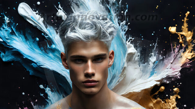 AI-generated abstract art images, featuring sexy, handsome, shirtless men, boys, lads, controlling colorful liquid water. A full-body photograph of a handsome young man with a strong muscular physique, and beautiful eyes. He starts to create a powerful and dynamic swirling vortex of rainbow colored liquid water. The vibrant and colorful water erupts and cascades forward. The fluid is dynamic, multiplying rapidly, and begins to dance in the air. The man, with a playful smile, interacts with the swirling fluids, his hands reaching out to manipulate the circular motion. The scene has a surreal, otherworldly feel, with a dreamlike atmosphere created by volumetric lighting, dramatic shadows, and an impossible color palette.