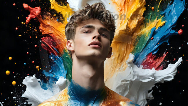 AI-generated abstract art images, featuring sexy, handsome, shirtless men, boys, lads, controlling colorful liquid water. A full-body photograph of a handsome young man with a strong muscular physique, and beautiful eyes. He starts to create a powerful and dynamic swirling vortex of rainbow colored liquid water. The vibrant and colorful water erupts and cascades forward. The fluid is dynamic, multiplying rapidly, and begins to dance in the air. The man, with a playful smile, interacts with the swirling fluids, his hands reaching out to manipulate the circular motion. The scene has a surreal, otherworldly feel, with a dreamlike atmosphere created by volumetric lighting, dramatic shadows, and an impossible color palette.