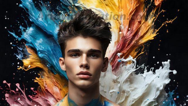 AI-generated abstract art images, featuring sexy, handsome, shirtless men, boys, lads, controlling colorful liquid water. A full-body photograph of a handsome young man with a strong muscular physique, and beautiful eyes. He starts to create a powerful and dynamic swirling vortex of rainbow colored liquid water. The vibrant and colorful water erupts and cascades forward. The fluid is dynamic, multiplying rapidly, and begins to dance in the air. The man, with a playful smile, interacts with the swirling fluids, his hands reaching out to manipulate the circular motion. The scene has a surreal, otherworldly feel, with a dreamlike atmosphere created by volumetric lighting, dramatic shadows, and an impossible color palette.