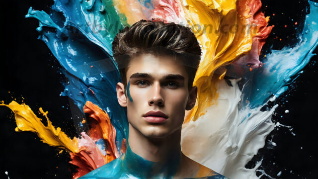 AI-generated abstract art images, featuring sexy, handsome, shirtless men, boys, lads, controlling colorful liquid water. A full-body photograph of a handsome young man with a strong muscular physique, and beautiful eyes. He starts to create a powerful and dynamic swirling vortex of rainbow colored liquid water. The vibrant and colorful water erupts and cascades forward. The fluid is dynamic, multiplying rapidly, and begins to dance in the air. The man, with a playful smile, interacts with the swirling fluids, his hands reaching out to manipulate the circular motion. The scene has a surreal, otherworldly feel, with a dreamlike atmosphere created by volumetric lighting, dramatic shadows, and an impossible color palette.