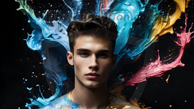AI-generated abstract art images, featuring sexy, handsome, shirtless men, boys, lads, controlling colorful liquid water. A full-body photograph of a handsome young man with a strong muscular physique, and beautiful eyes. He starts to create a powerful and dynamic swirling vortex of rainbow colored liquid water. The vibrant and colorful water erupts and cascades forward. The fluid is dynamic, multiplying rapidly, and begins to dance in the air. The man, with a playful smile, interacts with the swirling fluids, his hands reaching out to manipulate the circular motion. The scene has a surreal, otherworldly feel, with a dreamlike atmosphere created by volumetric lighting, dramatic shadows, and an impossible color palette.