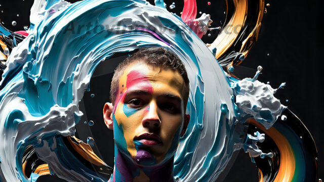 AI-generated abstract art images, featuring sexy, handsome, shirtless men, boys, lads, controlling colorful liquid water. A full-body photograph of a handsome young man with a strong muscular physique, and beautiful eyes. He starts to create a powerful and dynamic swirling vortex of rainbow colored liquid water. The vibrant and colorful water erupts and cascades forward. The fluid is dynamic, multiplying rapidly, and begins to dance in the air. The man, with a playful smile, interacts with the swirling fluids, his hands reaching out to manipulate the circular motion. The scene has a surreal, otherworldly feel, with a dreamlike atmosphere created by volumetric lighting, dramatic shadows, and an impossible color palette.