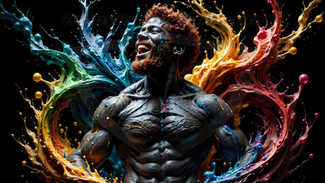 AI-generated abstract art images, featuring sexy, handsome, shirtless men, boys, lads, controlling colorful liquid water. A full-body photograph of a handsome young man with a strong muscular physique, and beautiful eyes. He starts to create a powerful and dynamic swirling vortex of rainbow colored liquid water. The vibrant and colorful water erupts and cascades forward. The fluid is dynamic, multiplying rapidly, and begins to dance in the air. The man, with a playful smile, interacts with the swirling fluids, his hands reaching out to manipulate the circular motion. The scene has a surreal, otherworldly feel, with a dreamlike atmosphere created by volumetric lighting, dramatic shadows, and an impossible color palette.