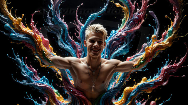 AI-generated abstract art images, featuring sexy, handsome, shirtless men, boys, lads, controlling colorful liquid water. A full-body photograph of a handsome young man with a strong muscular physique, and beautiful eyes. He starts to create a powerful and dynamic swirling vortex of rainbow colored liquid water. The vibrant and colorful water erupts and cascades forward. The fluid is dynamic, multiplying rapidly, and begins to dance in the air. The man, with a playful smile, interacts with the swirling fluids, his hands reaching out to manipulate the circular motion. The scene has a surreal, otherworldly feel, with a dreamlike atmosphere created by volumetric lighting, dramatic shadows, and an impossible color palette.