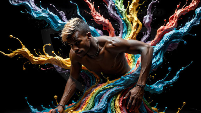 AI-generated abstract art images, featuring sexy, handsome, shirtless men, boys, lads, controlling colorful liquid water. A full-body photograph of a handsome young man with a strong muscular physique, and beautiful eyes. He starts to create a powerful and dynamic swirling vortex of rainbow colored liquid water. The vibrant and colorful water erupts and cascades forward. The fluid is dynamic, multiplying rapidly, and begins to dance in the air. The man, with a playful smile, interacts with the swirling fluids, his hands reaching out to manipulate the circular motion. The scene has a surreal, otherworldly feel, with a dreamlike atmosphere created by volumetric lighting, dramatic shadows, and an impossible color palette.
