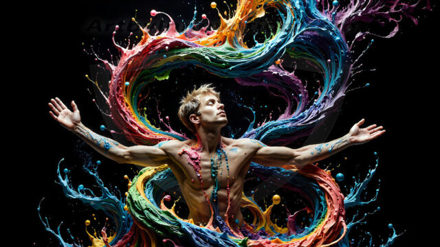 AI-generated abstract art images, featuring sexy, handsome, shirtless men, boys, lads, controlling colorful liquid water. A full-body photograph of a handsome young man with a strong muscular physique, and beautiful eyes. He starts to create a powerful and dynamic swirling vortex of rainbow colored liquid water. The vibrant and colorful water erupts and cascades forward. The fluid is dynamic, multiplying rapidly, and begins to dance in the air. The man, with a playful smile, interacts with the swirling fluids, his hands reaching out to manipulate the circular motion. The scene has a surreal, otherworldly feel, with a dreamlike atmosphere created by volumetric lighting, dramatic shadows, and an impossible color palette.