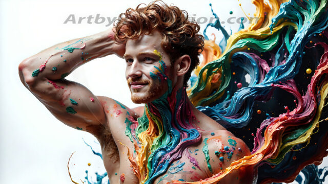 AI-generated abstract art images, featuring sexy, handsome, shirtless men, boys, lads, controlling colorful liquid water. A full-body photograph of a handsome young man with a strong muscular physique, and beautiful eyes. He starts to create a powerful and dynamic swirling vortex of rainbow colored liquid water. The vibrant and colorful water erupts and cascades forward. The fluid is dynamic, multiplying rapidly, and begins to dance in the air. The man, with a playful smile, interacts with the swirling fluids, his hands reaching out to manipulate the circular motion. The scene has a surreal, otherworldly feel, with a dreamlike atmosphere created by volumetric lighting, dramatic shadows, and an impossible color palette.