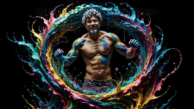 AI-generated abstract art images, featuring sexy, handsome, shirtless men, boys, lads, controlling colorful liquid water. A full-body photograph of a handsome young man with a strong muscular physique, and beautiful eyes. He starts to create a powerful and dynamic swirling vortex of rainbow colored liquid water. The vibrant and colorful water erupts and cascades forward. The fluid is dynamic, multiplying rapidly, and begins to dance in the air. The man, with a playful smile, interacts with the swirling fluids, his hands reaching out to manipulate the circular motion. The scene has a surreal, otherworldly feel, with a dreamlike atmosphere created by volumetric lighting, dramatic shadows, and an impossible color palette.