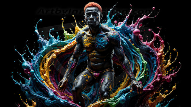 AI-generated abstract art images, featuring sexy, handsome, shirtless men, boys, lads, controlling colorful liquid water. A full-body photograph of a handsome young man with a strong muscular physique, and beautiful eyes. He starts to create a powerful and dynamic swirling vortex of rainbow colored liquid water. The vibrant and colorful water erupts and cascades forward. The fluid is dynamic, multiplying rapidly, and begins to dance in the air. The man, with a playful smile, interacts with the swirling fluids, his hands reaching out to manipulate the circular motion. The scene has a surreal, otherworldly feel, with a dreamlike atmosphere created by volumetric lighting, dramatic shadows, and an impossible color palette.