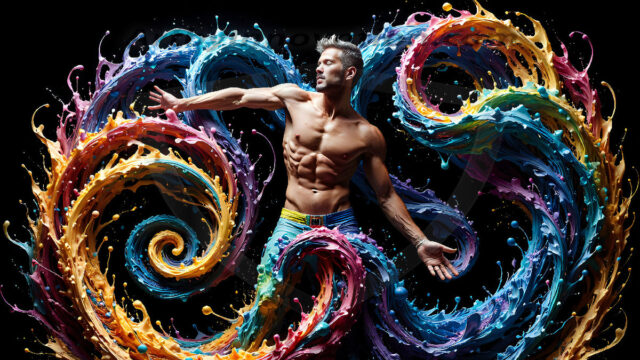 AI-generated abstract art images, featuring sexy, handsome, shirtless men, boys, lads, controlling colorful liquid water. A full-body photograph of a handsome young man with a strong muscular physique, and beautiful eyes. He starts to create a powerful and dynamic swirling vortex of rainbow colored liquid water. The vibrant and colorful water erupts and cascades forward. The fluid is dynamic, multiplying rapidly, and begins to dance in the air. The man, with a playful smile, interacts with the swirling fluids, his hands reaching out to manipulate the circular motion. The scene has a surreal, otherworldly feel, with a dreamlike atmosphere created by volumetric lighting, dramatic shadows, and an impossible color palette.