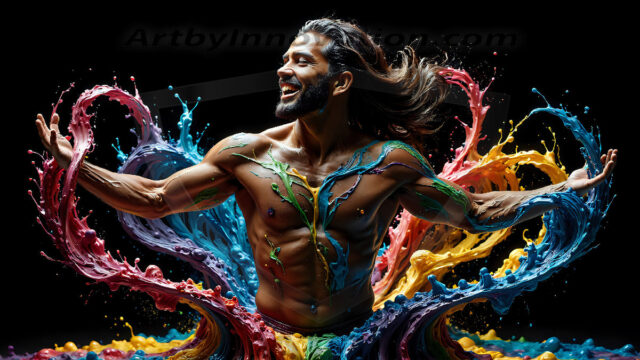 AI-generated abstract art images, featuring sexy, handsome, shirtless men, boys, lads, controlling colorful liquid water. A full-body photograph of a handsome young man with a strong muscular physique, and beautiful eyes. He starts to create a powerful and dynamic swirling vortex of rainbow colored liquid water. The vibrant and colorful water erupts and cascades forward. The fluid is dynamic, multiplying rapidly, and begins to dance in the air. The man, with a playful smile, interacts with the swirling fluids, his hands reaching out to manipulate the circular motion. The scene has a surreal, otherworldly feel, with a dreamlike atmosphere created by volumetric lighting, dramatic shadows, and an impossible color palette.