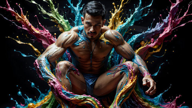 AI-generated abstract art images, featuring sexy, handsome, shirtless men, boys, lads, controlling colorful liquid water. A full-body photograph of a handsome young man with a strong muscular physique, and beautiful eyes. He starts to create a powerful and dynamic swirling vortex of rainbow colored liquid water. The vibrant and colorful water erupts and cascades forward. The fluid is dynamic, multiplying rapidly, and begins to dance in the air. The man, with a playful smile, interacts with the swirling fluids, his hands reaching out to manipulate the circular motion. The scene has a surreal, otherworldly feel, with a dreamlike atmosphere created by volumetric lighting, dramatic shadows, and an impossible color palette.