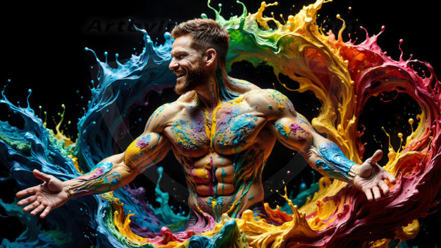 AI-generated abstract art images, featuring sexy, handsome, shirtless men, boys, lads, controlling colorful liquid water. A full-body photograph of a handsome young man with a strong muscular physique, and beautiful eyes. He starts to create a powerful and dynamic swirling vortex of rainbow colored liquid water. The vibrant and colorful water erupts and cascades forward. The fluid is dynamic, multiplying rapidly, and begins to dance in the air. The man, with a playful smile, interacts with the swirling fluids, his hands reaching out to manipulate the circular motion. The scene has a surreal, otherworldly feel, with a dreamlike atmosphere created by volumetric lighting, dramatic shadows, and an impossible color palette.