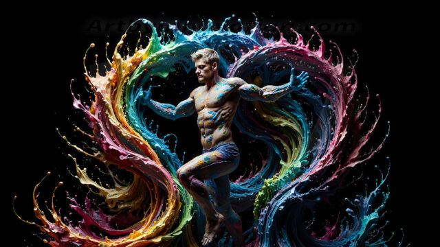AI-generated abstract art images, featuring sexy, handsome, shirtless men, boys, lads, controlling colorful liquid water. A full-body photograph of a handsome young man with a strong muscular physique, and beautiful eyes. He starts to create a powerful and dynamic swirling vortex of rainbow colored liquid water. The vibrant and colorful water erupts and cascades forward. The fluid is dynamic, multiplying rapidly, and begins to dance in the air. The man, with a playful smile, interacts with the swirling fluids, his hands reaching out to manipulate the circular motion. The scene has a surreal, otherworldly feel, with a dreamlike atmosphere created by volumetric lighting, dramatic shadows, and an impossible color palette.