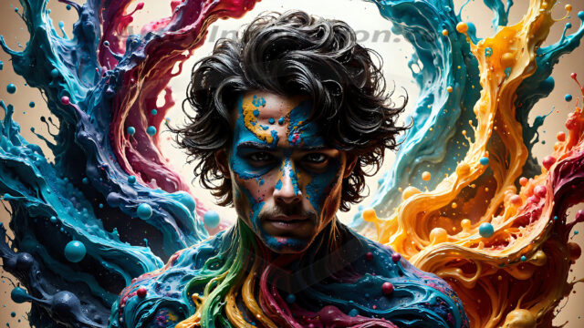 AI-generated abstract art images, featuring sexy, handsome, shirtless men, boys, lads, controlling colorful liquid water. A full-body photograph of a handsome young man with a strong muscular physique, and beautiful eyes. He starts to create a powerful and dynamic swirling vortex of rainbow colored liquid water. The vibrant and colorful water erupts and cascades forward. The fluid is dynamic, multiplying rapidly, and begins to dance in the air. The man, with a playful smile, interacts with the swirling fluids, his hands reaching out to manipulate the circular motion. The scene has a surreal, otherworldly feel, with a dreamlike atmosphere created by volumetric lighting, dramatic shadows, and an impossible color palette.