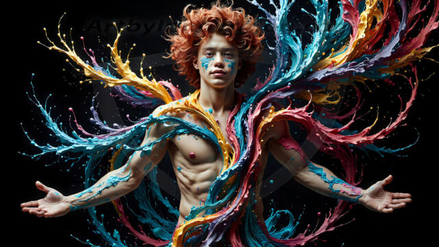 AI-generated abstract art images, featuring sexy, handsome, shirtless men, boys, lads, controlling colorful liquid water. A full-body photograph of a handsome young man with a strong muscular physique, and beautiful eyes. He starts to create a powerful and dynamic swirling vortex of rainbow colored liquid water. The vibrant and colorful water erupts and cascades forward. The fluid is dynamic, multiplying rapidly, and begins to dance in the air. The man, with a playful smile, interacts with the swirling fluids, his hands reaching out to manipulate the circular motion. The scene has a surreal, otherworldly feel, with a dreamlike atmosphere created by volumetric lighting, dramatic shadows, and an impossible color palette.